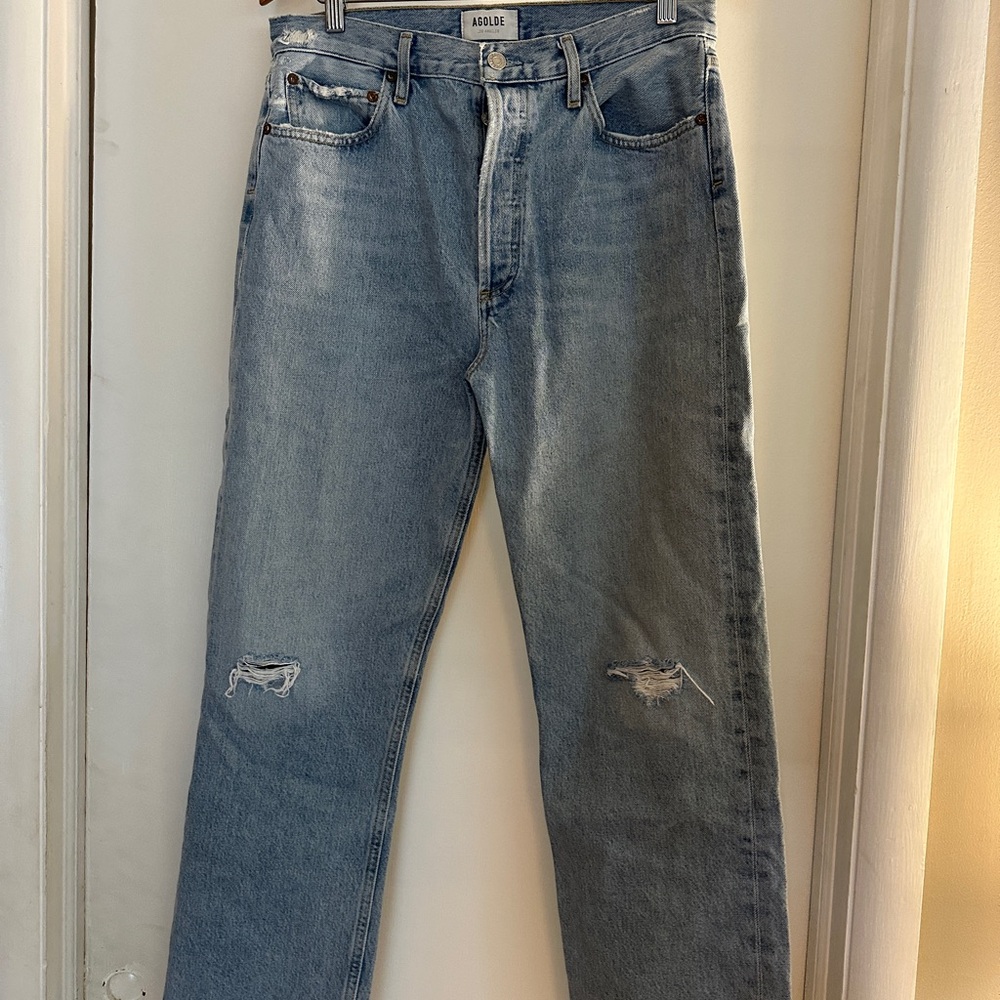 AGOLDE ‘90s Distressed Mid-Rise Light Blue Straight Leg Jeans